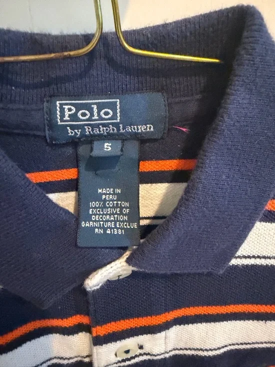 Kids Ralph Lauren size 5 Navy, White & Orange Striped Long-Sleeve Polo - Picture 3 of 5